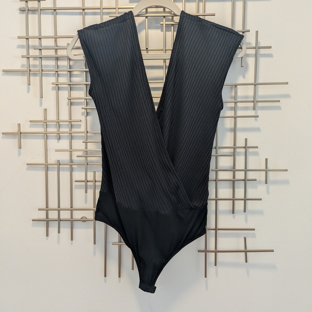 Zara Ribbed V-Neck Wrap Bodice Sleeveless Bodysuit Black Sz M Minimalist Chic